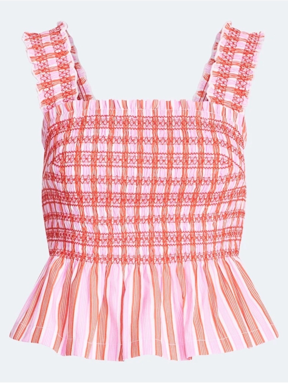 Smocked Square-Neck Tank Top in Pink and Coral Stripe